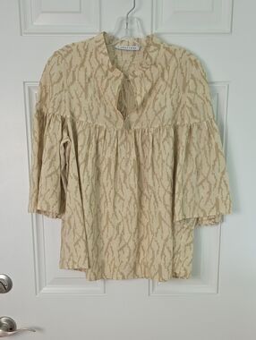Caractere Beige and Tan Embroidered Tie-Neck Peasant Blouse.  Size UK 12